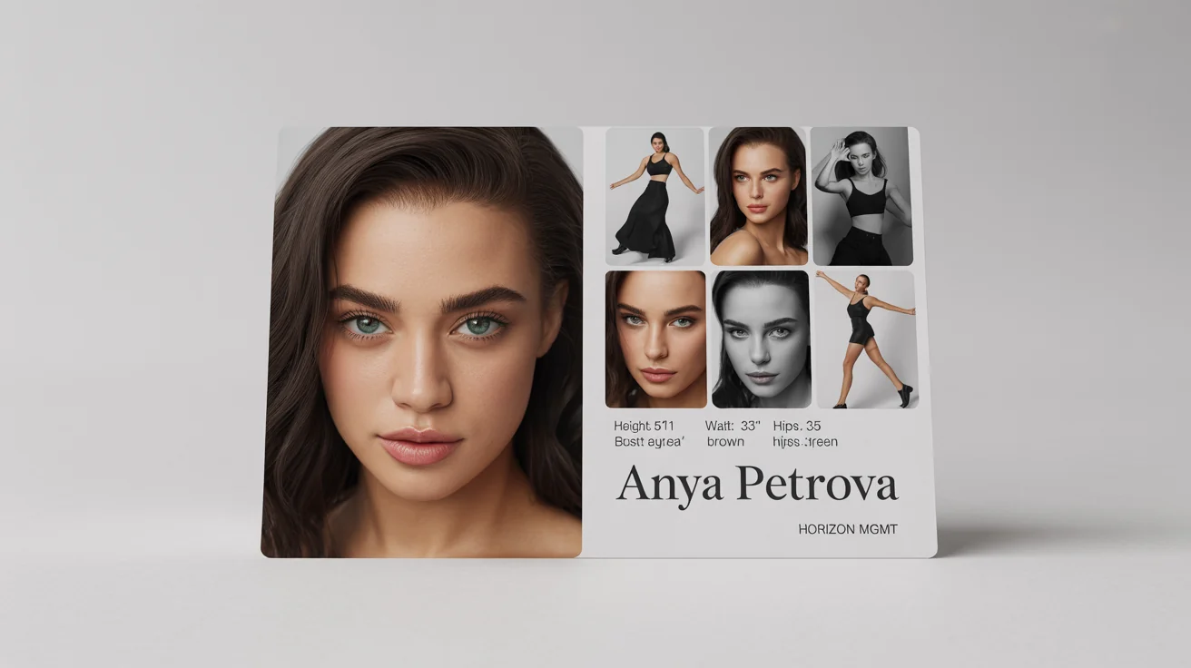 A mockup of a professional model's comp card for 'Anya Petrova', featuring her headshot, various poses, and stats, set against a clean white background.