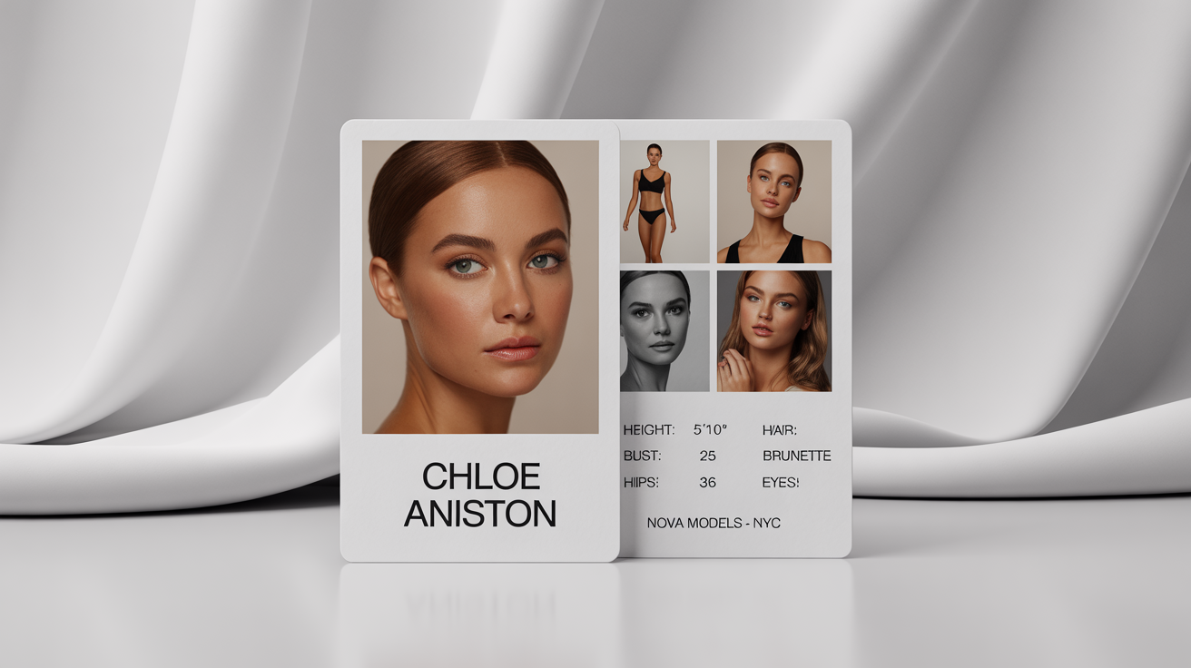 A professional mockup of a model's comp card for 'Chloe Aniston' on a white background, showing the front with a large headshot and the back with a photo grid and model statistics.