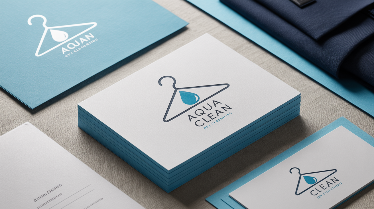 A professional brand identity mockup for a dry cleaning service called 'Aqua Clean', showing its modern hanger and water drop logo on a business card, letterhead, and garment bag.