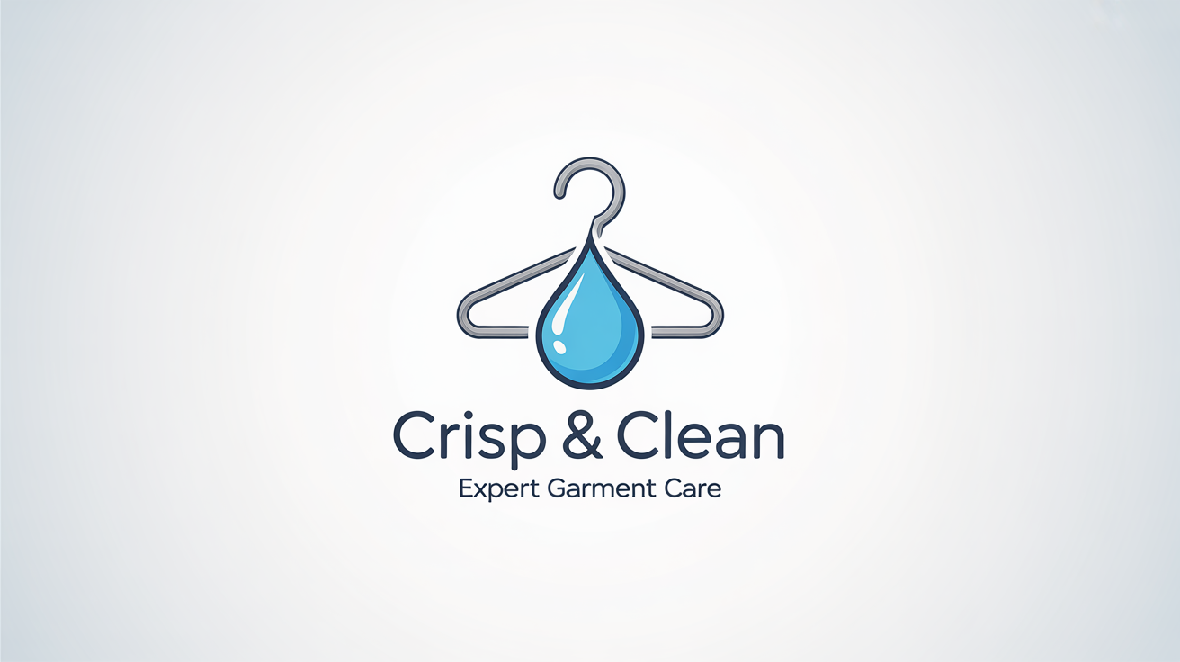 A modern logo for a dry cleaning business named 'CRISP & CLEAN'. The logo has a navy blue icon of a hanger and a water drop, displayed on a white background.