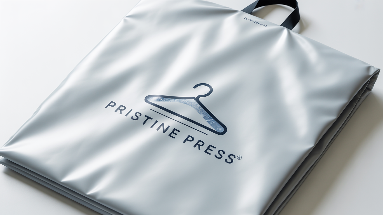 A modern logo mockup for a dry cleaning company named 'Pristine Press', featuring a stylized hanger and sparkle icon on a folded white garment bag.