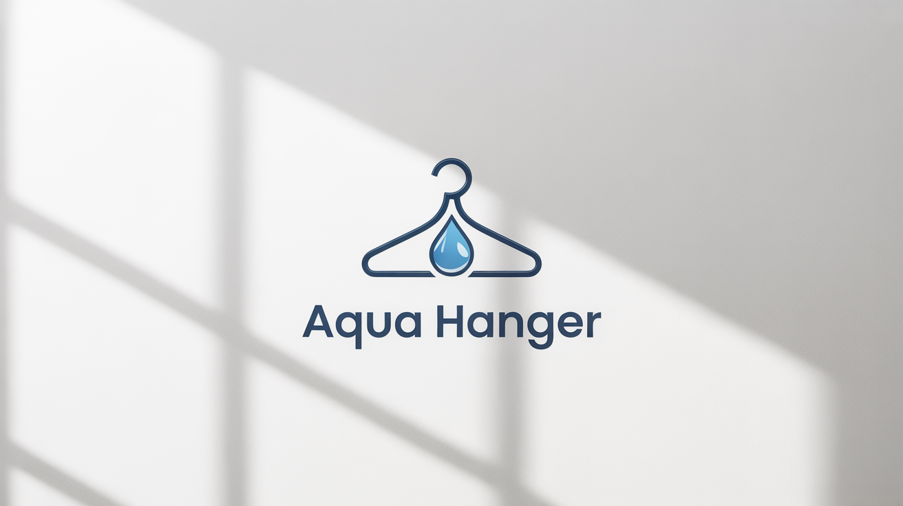 A modern logo for a dry cleaning service named 'Aqua Hanger'. The logo features a navy blue icon combining a hanger and a water drop, displayed on a clean white background.