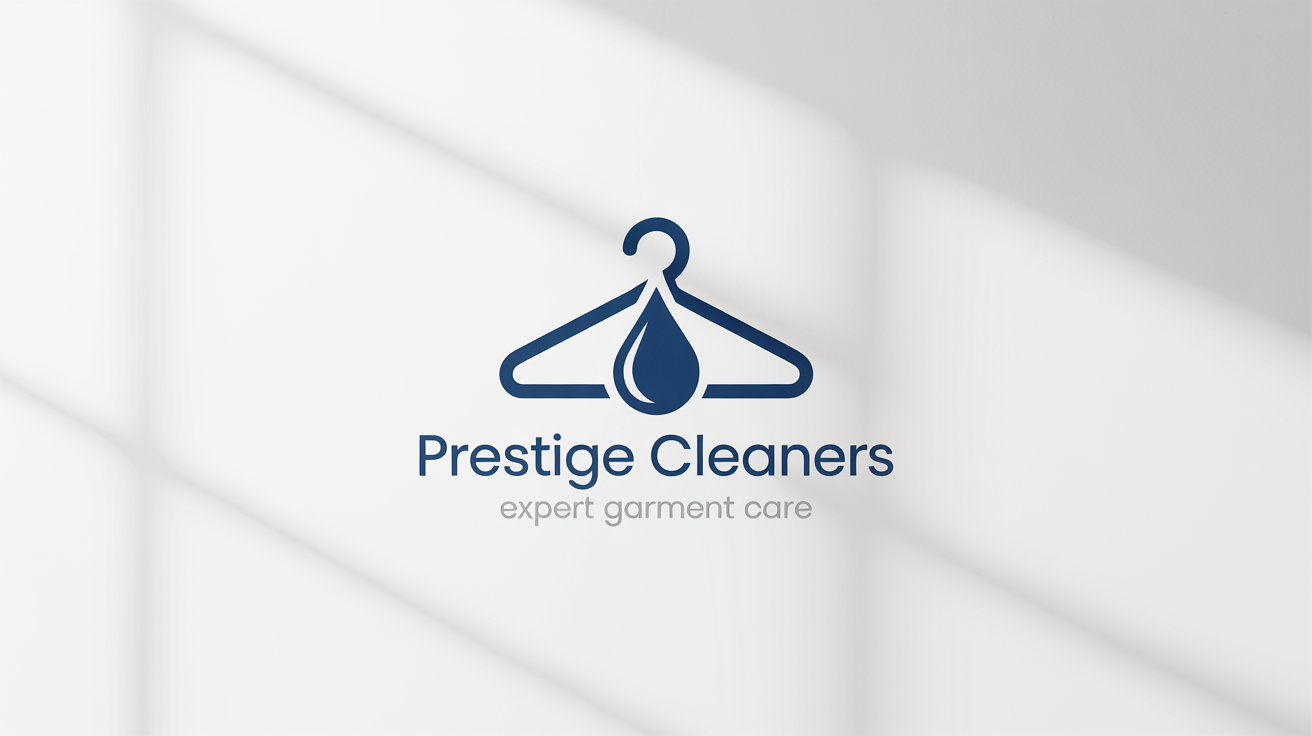 A modern logo for a dry cleaning service named 'Prestige Cleaners', featuring a stylized hanger and water droplet icon above the text 'Expert Garment Care', on a white background.