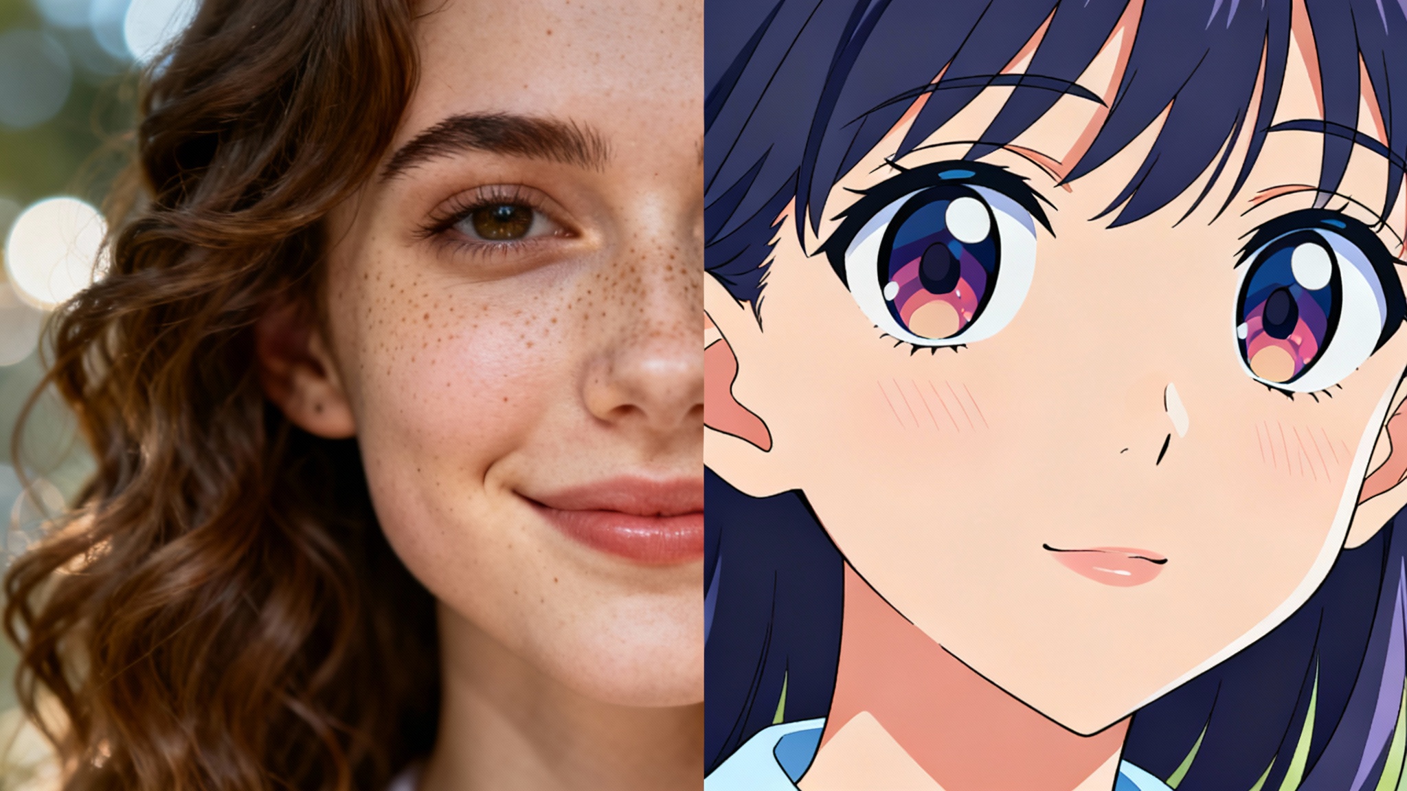 A split-screen image showing the result of a photo-to-anime converter. The left side is a realistic photo of a woman with glasses; the right side is the same woman drawn in a vibrant anime style.