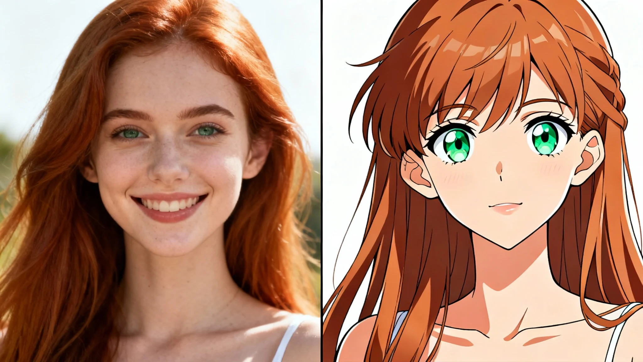 A split-screen image demonstrating a 'photo to anime' transformation. The left side shows a realistic photo of a woman, and the right side shows her as a beautifully drawn anime character.
