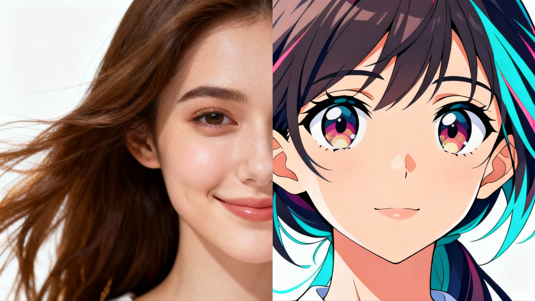 A split-screen image demonstrating a photo-to-anime effect. The left side shows a realistic photograph of a woman, and the right side shows the same woman converted into a colorful anime character.