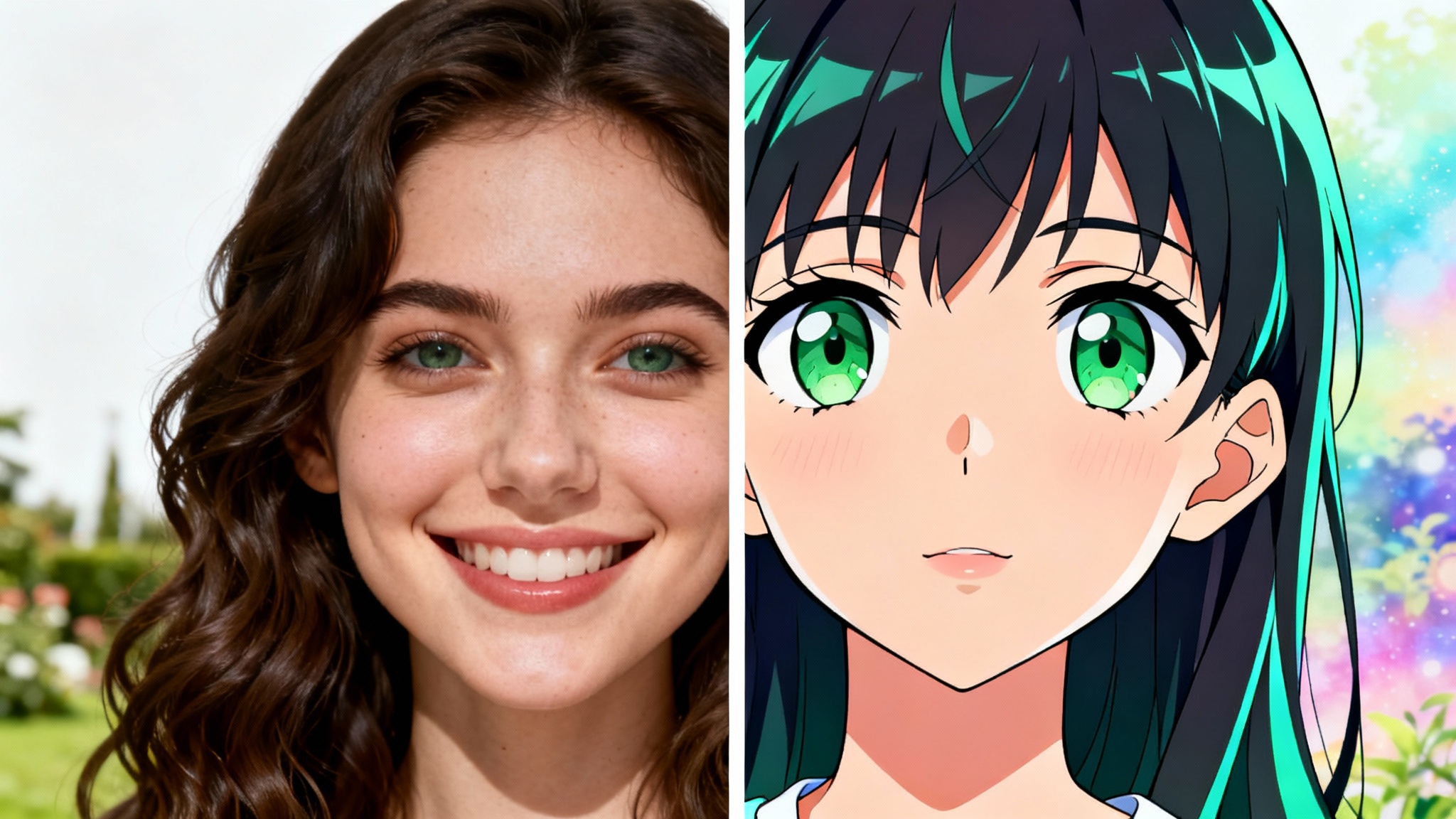 A split image showing a photo-to-anime transformation. The left side is a realistic photo of a woman, and the right side is the same woman drawn in a vibrant anime style.