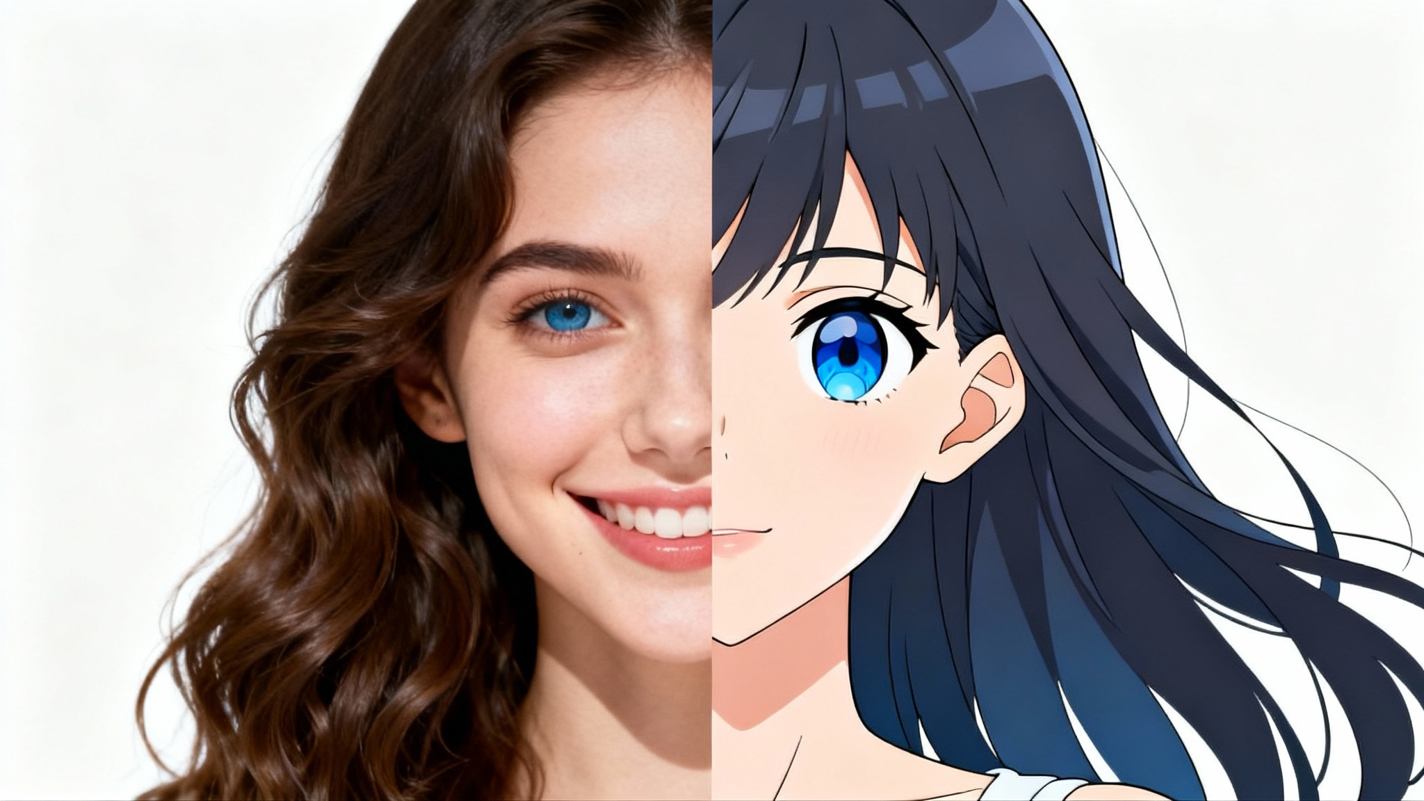 A split image demonstrating a 'photo to anime' transformation. The left side is a realistic photo of a woman, and the right side is her anime-style counterpart.