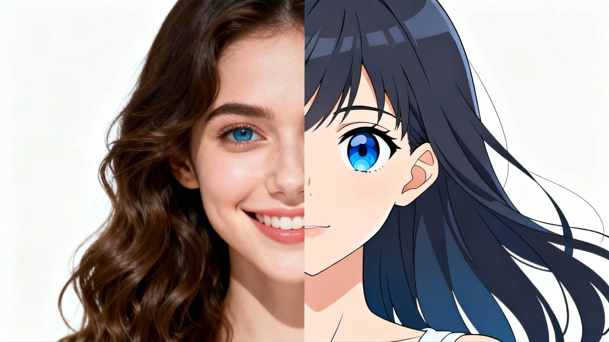 A split image demonstrating a 'photo to anime' transformation. The left side is a realistic photo of a woman, and the right side is her anime-style counterpart.