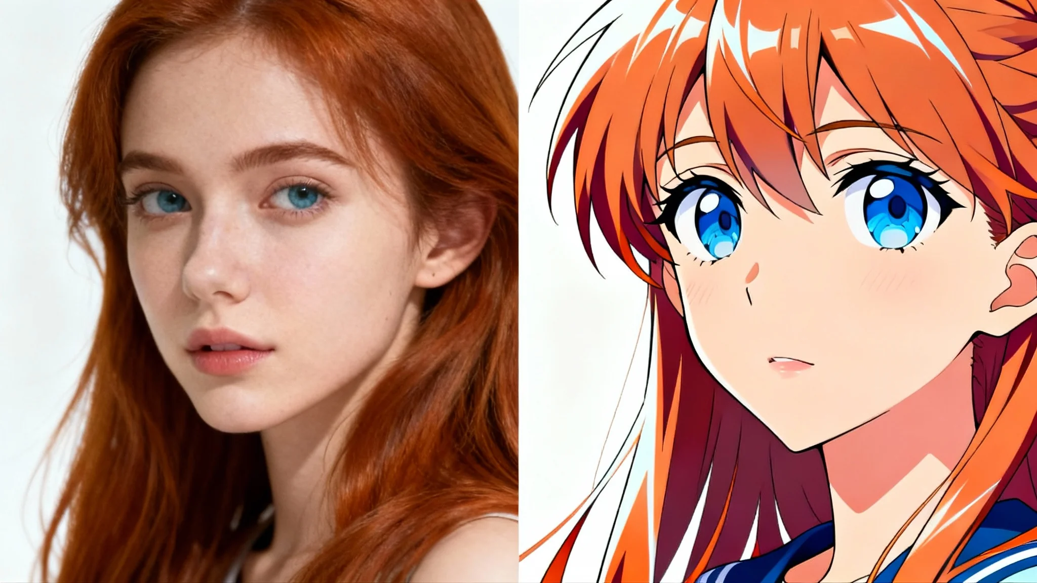 A split-screen image demonstrating a photo-to-anime conversion. The left side shows a realistic photo of a woman, and the right side shows the same woman drawn in a colorful anime style.