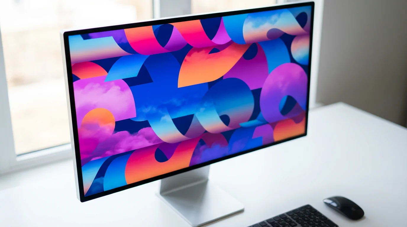 A modern desktop monitor on a clean desk, displaying a vibrant abstract wallpaper with geometric shapes in blue, purple, and orange, demonstrating the final output of a custom desktop background.