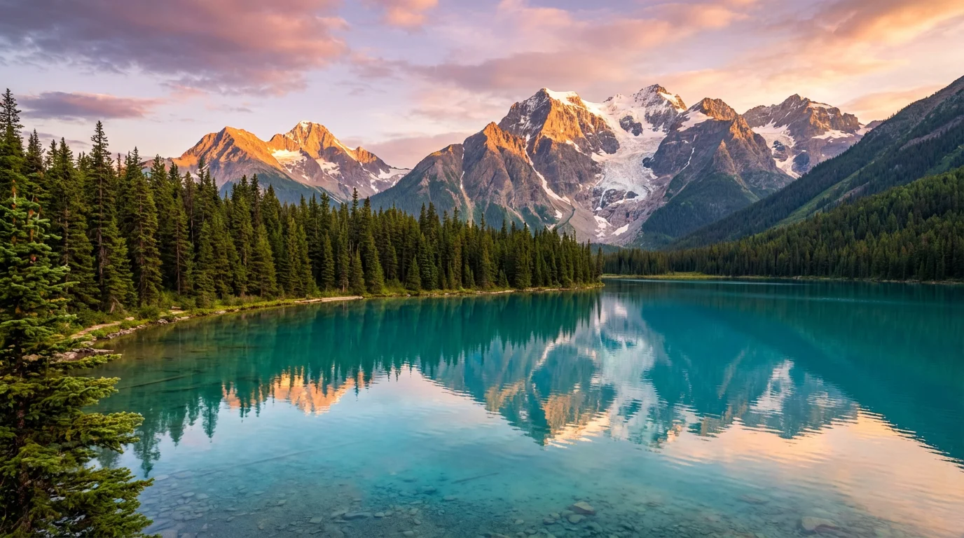 A serene, photorealistic desktop background of an alpine lake at sunset, with a lush pine forest and snow-capped mountains under a colorful sky.