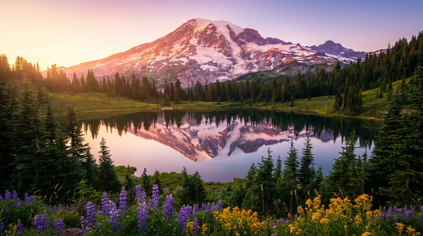 A serene desktop background showing a snow-capped mountain range reflected in a clear alpine lake during a vibrant sunset.