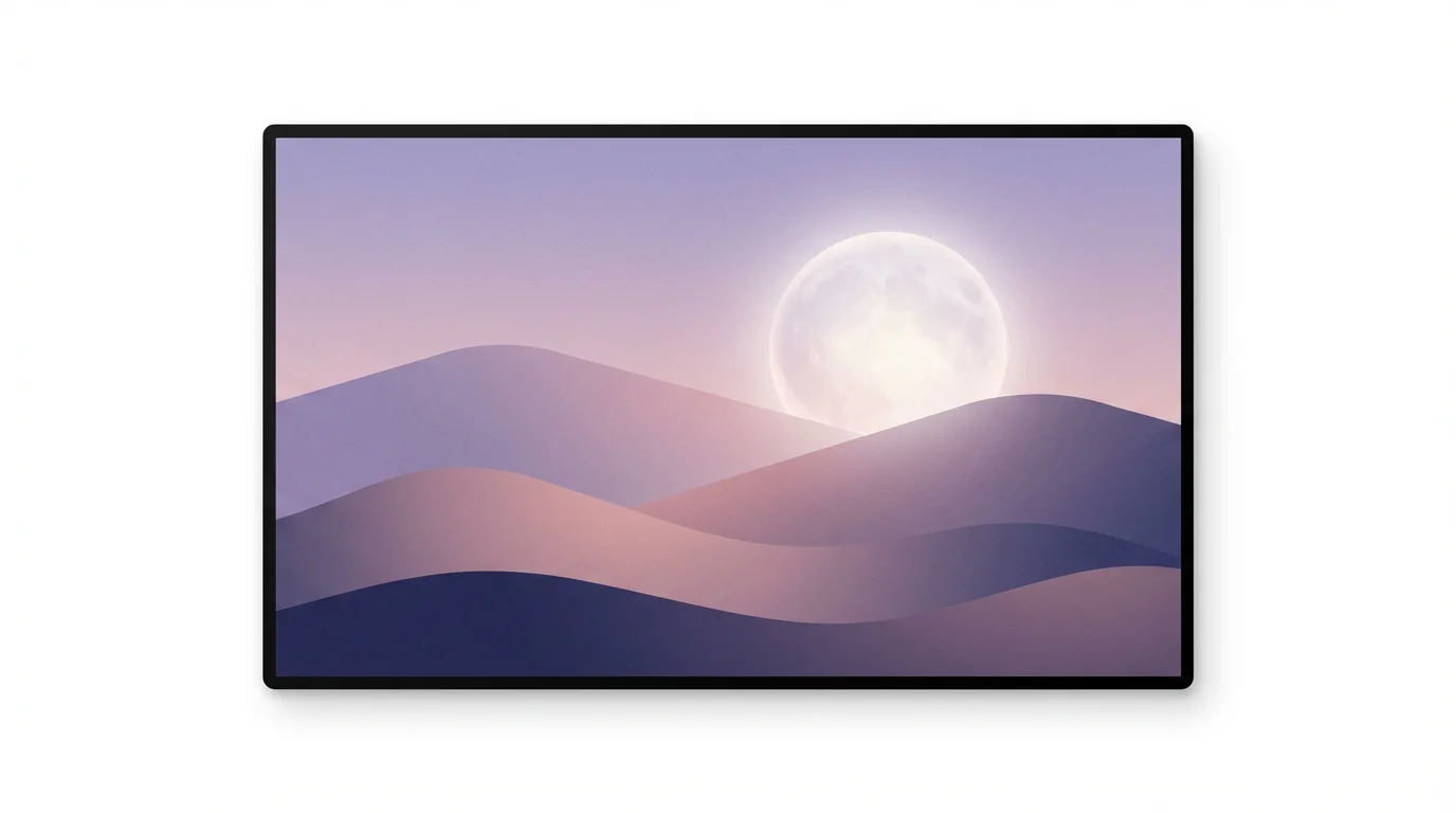 A serene desktop background featuring a minimalist digital art landscape of purple and pink rolling hills under a twilight sky with a large, glowing moon.
