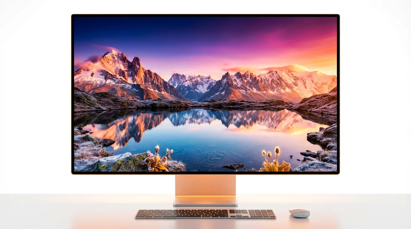 A mockup of a modern computer monitor displaying a stunning desktop background of a colorful mountain sunrise reflected in a clear lake, set against a white background.