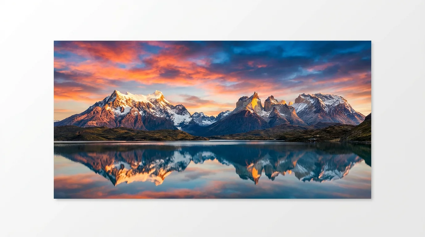 A serene desktop background showing a snow-capped mountain range reflected in a calm lake at sunrise.