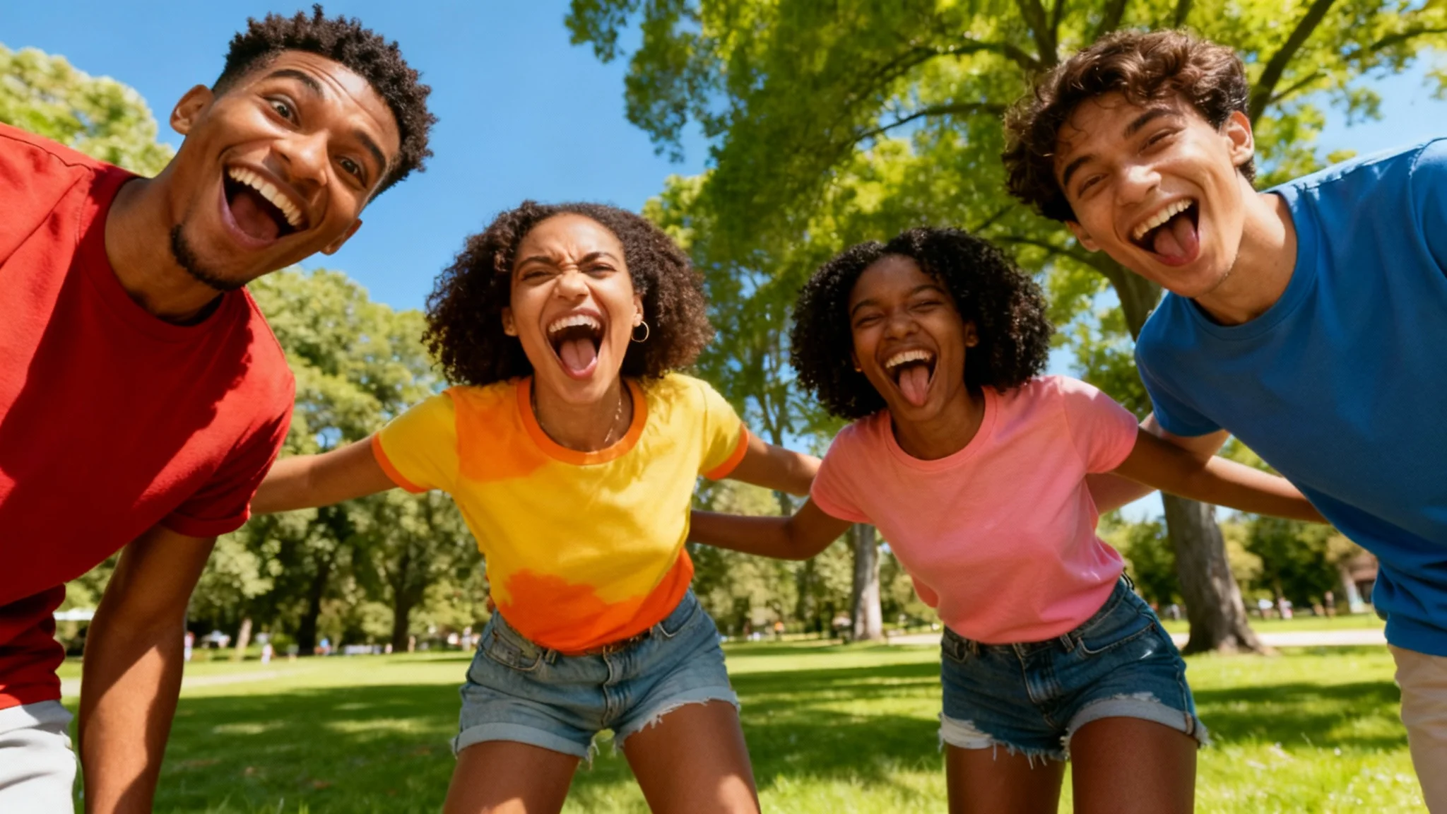 A humorous photo of four friends in a park whose faces have been seamlessly swapped with each other, creating a funny and memorable group picture.