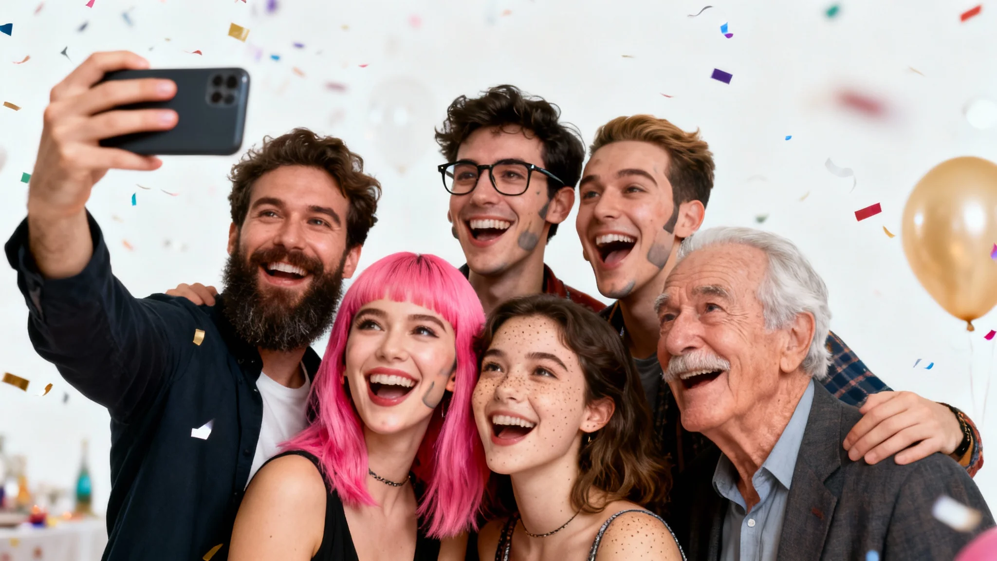 A humorous group selfie of five friends at a party, where all their faces have been digitally and seamlessly swapped with each other, creating a funny and chaotic effect.