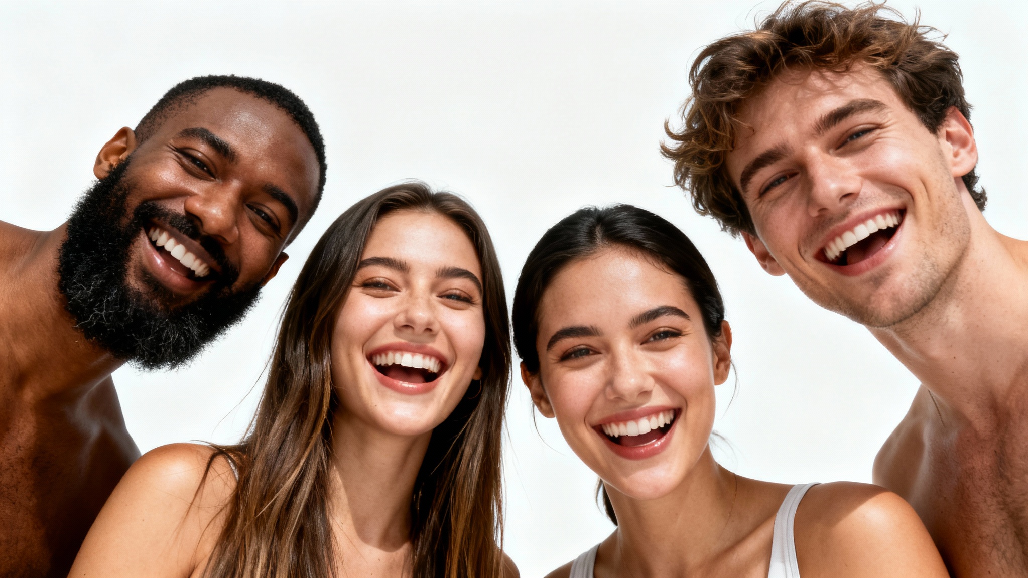 A humorous photo of four friends with their faces swapped onto each other's bodies, laughing against a plain background.