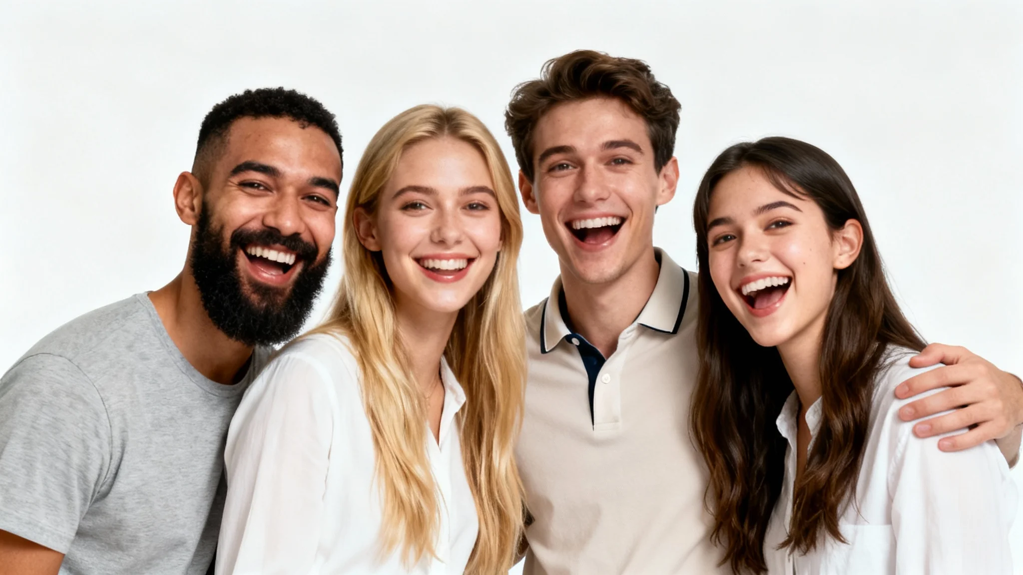 A humorous group photo of four friends with their faces comically swapped onto each other's bodies, demonstrating a multi-face swap.