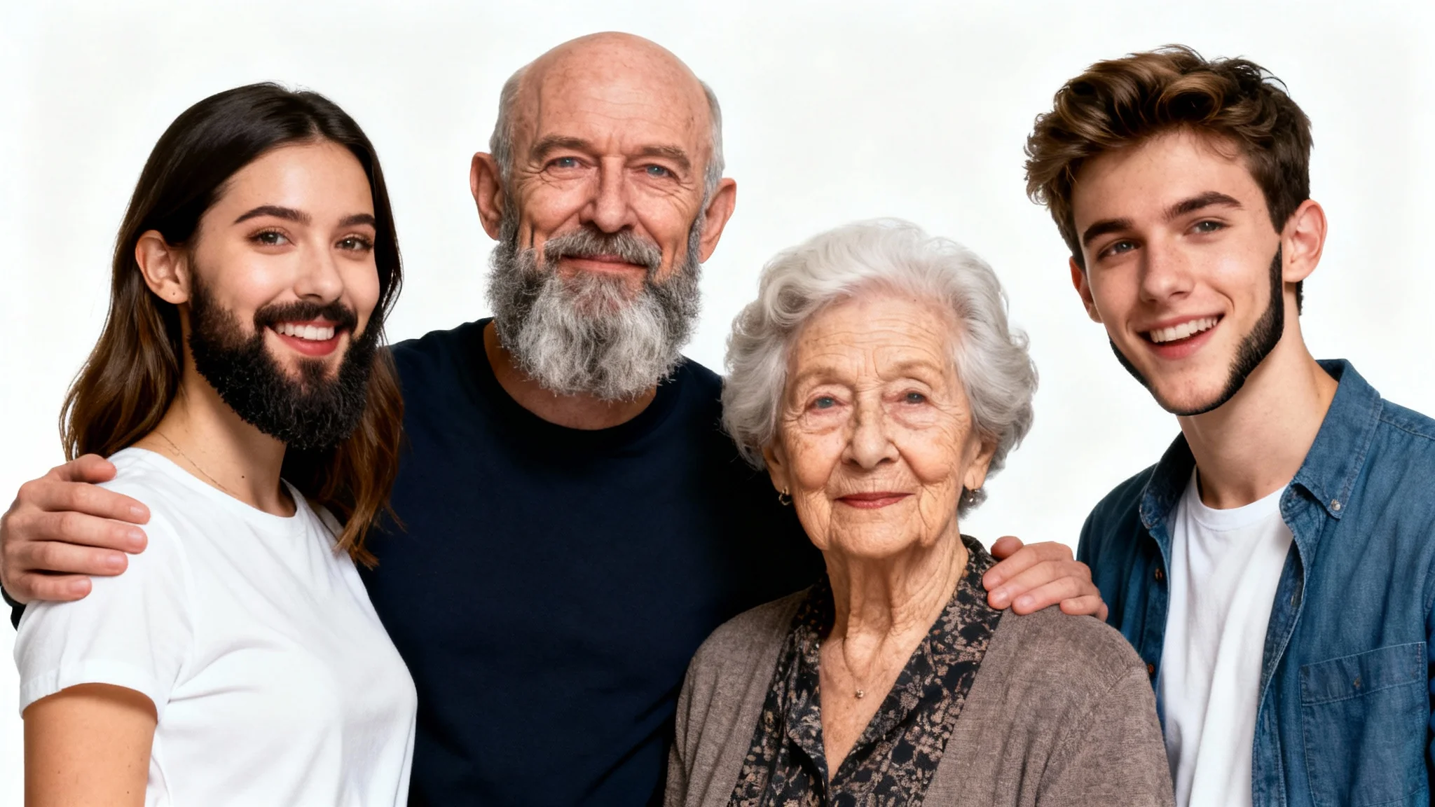 A humorous group photo of four friends where all of their faces have been swapped with each other, creating a comical and surreal effect against a clean white background.
