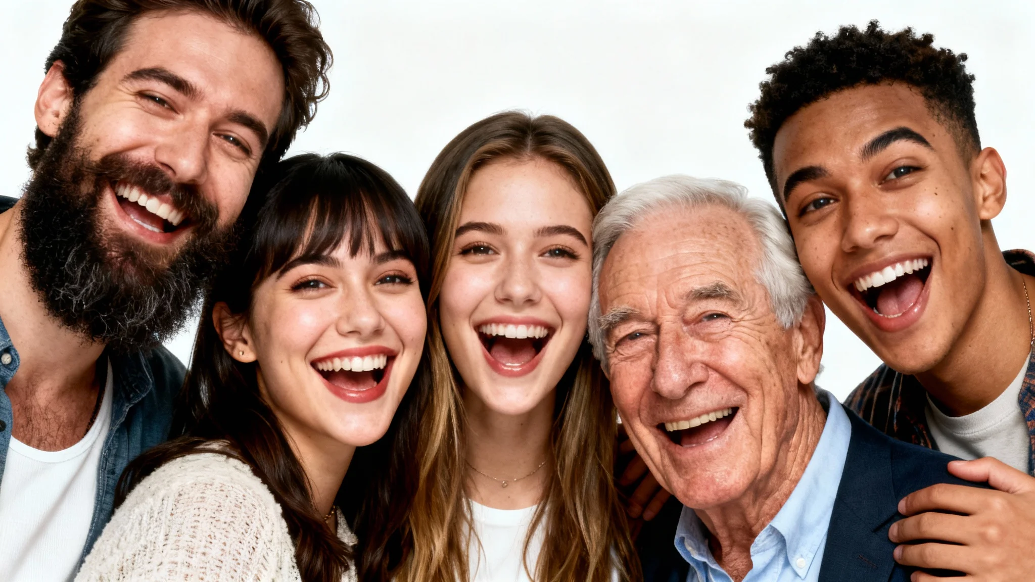 A humorous group photo of five diverse friends with their faces comically swapped with each other, all laughing against a white background.