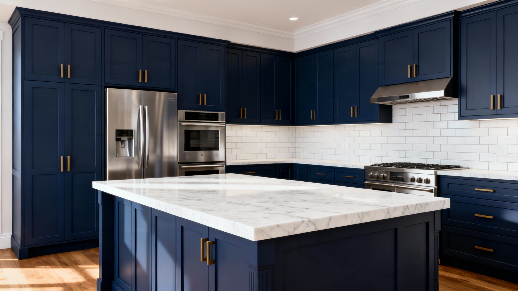 A beautifully rendered modern kitchen with deep navy blue cabinets, a white marble island, and stainless steel appliances, demonstrating the final output of a kitchen design visualizer.