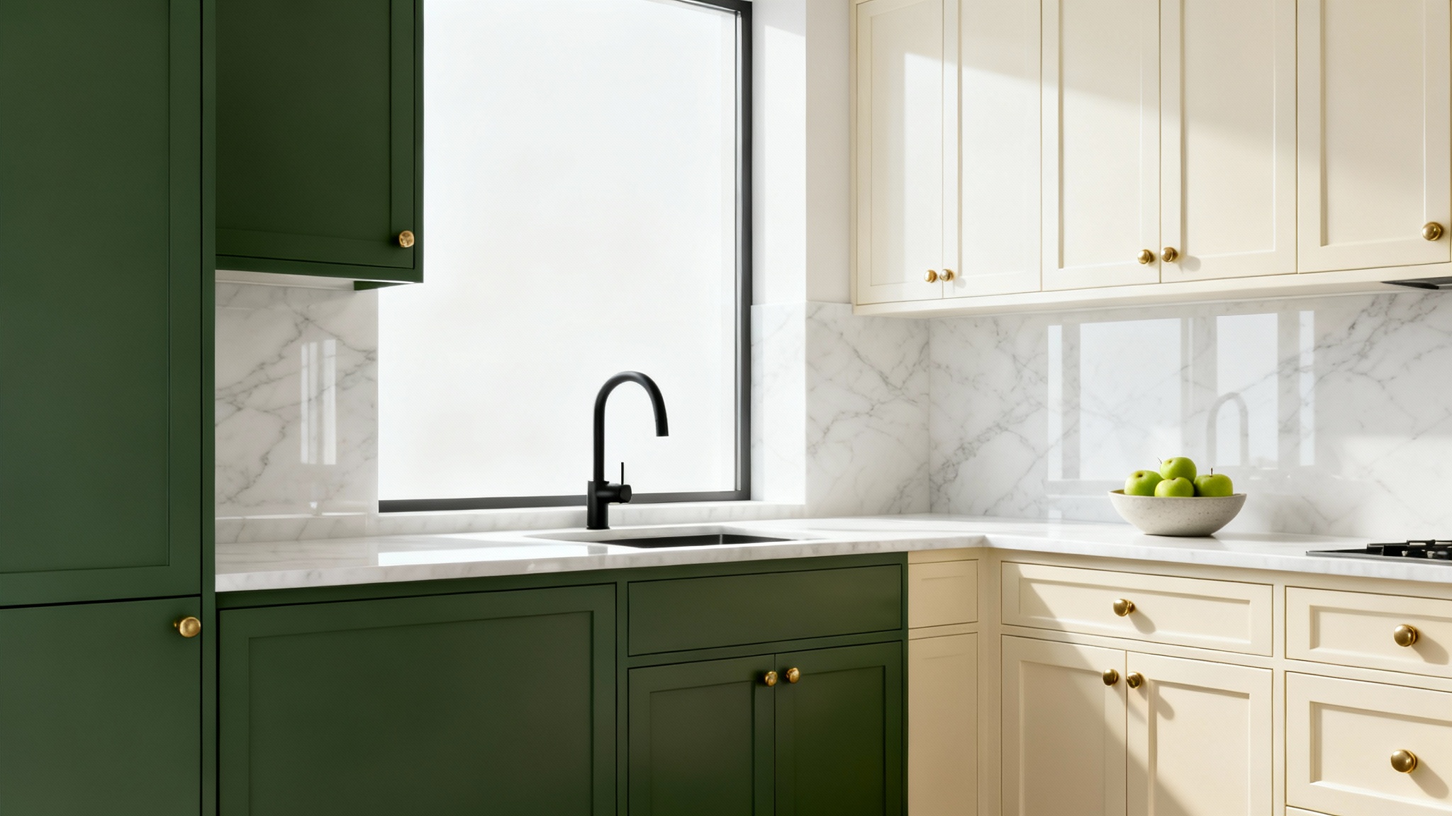 A mockup of a modern kitchen design with a split view showing two different cabinet styles: one side with forest green flat-panel cabinets and the other with classic off-white shaker cabinets.