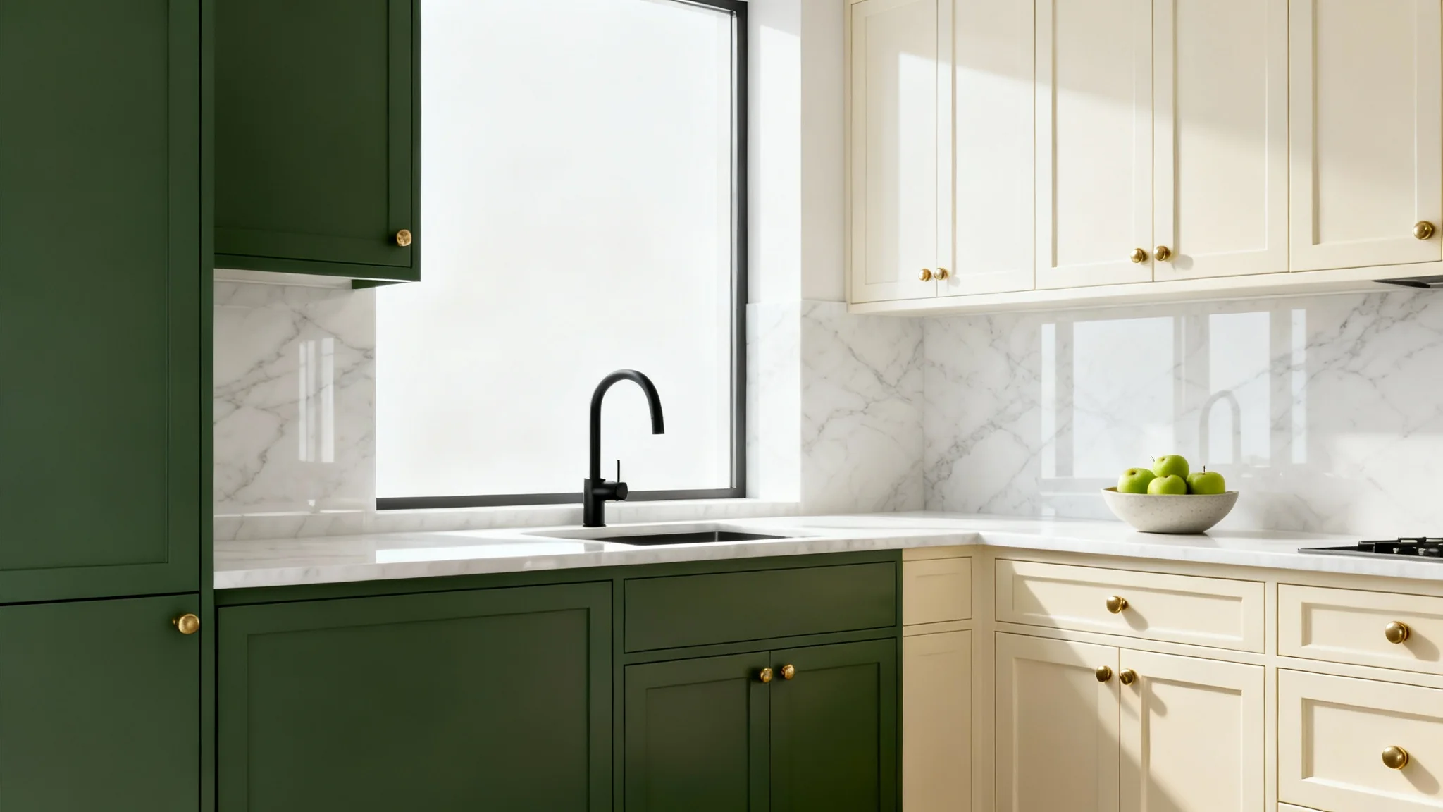 A mockup of a modern kitchen design with a split view showing two different cabinet styles: one side with forest green flat-panel cabinets and the other with classic off-white shaker cabinets.