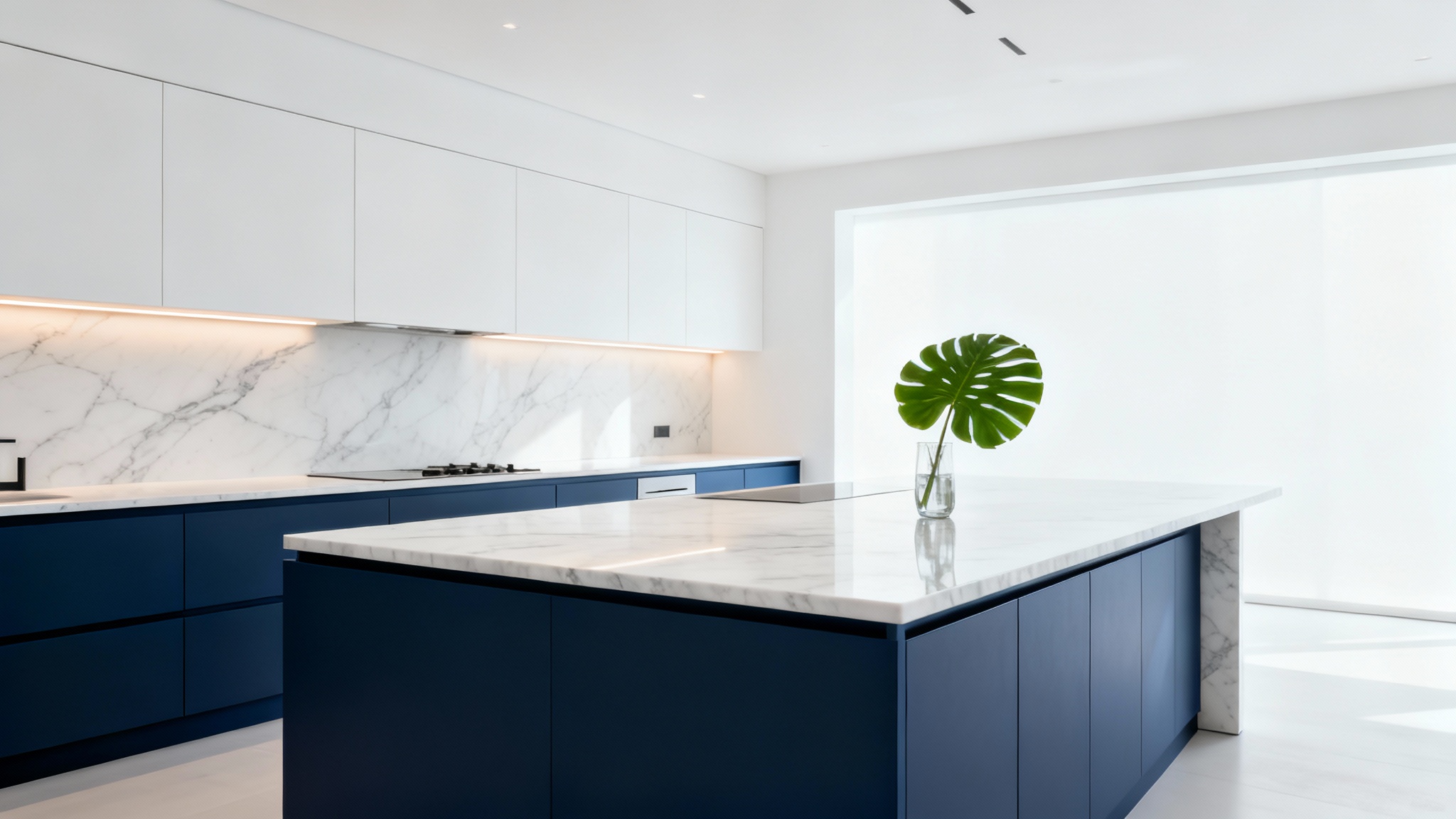 A photorealistic rendering of a modern, minimalist kitchen showcasing two-tone cabinets, with matte navy blue lower cabinets and island, and white upper cabinets, all set against a bright, clean background.