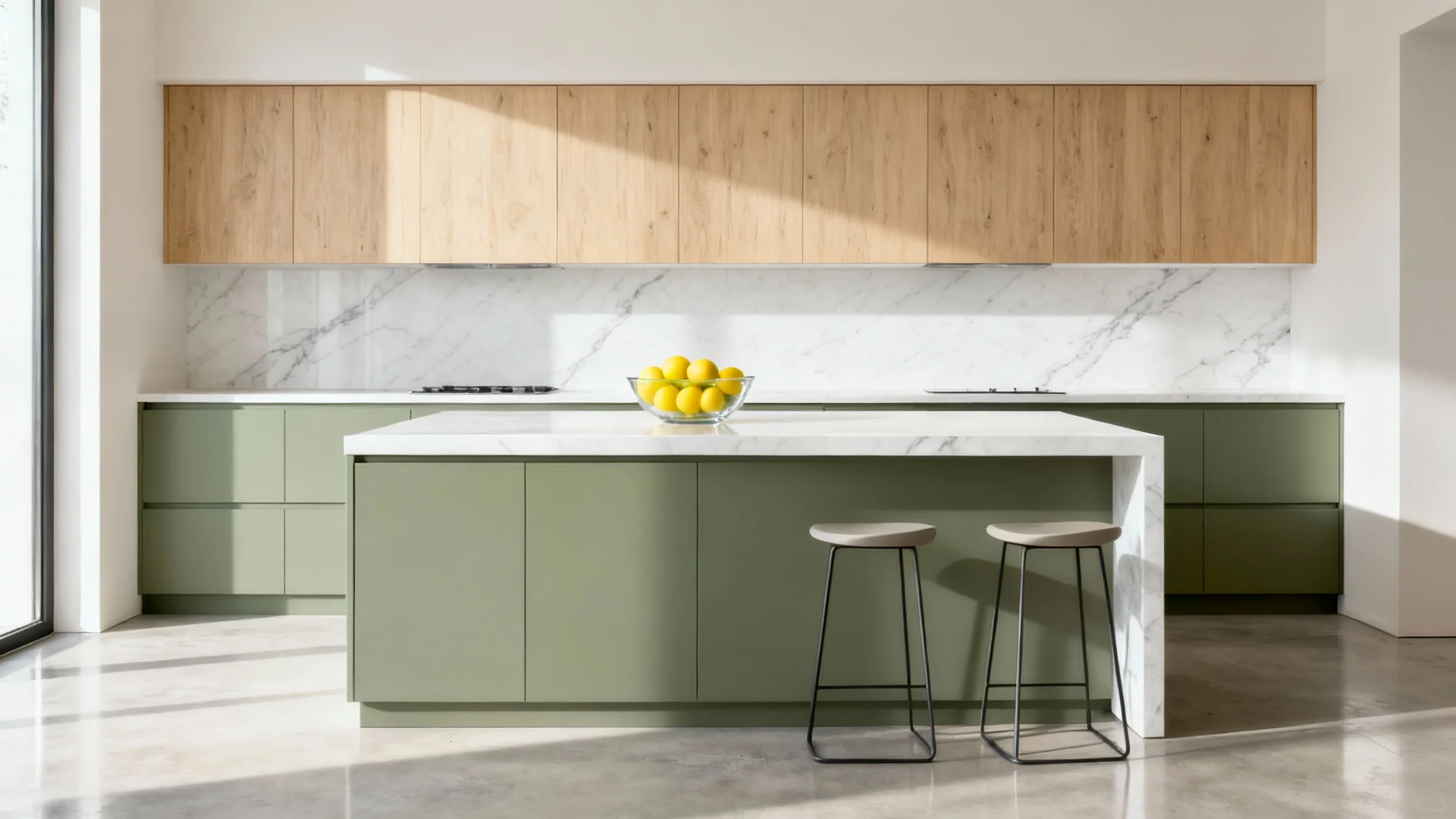 A photorealistic mockup of a modern kitchen featuring matte sage green and light oak cabinets, white quartz countertops, and a central island, demonstrating a kitchen cabinet visualizer.