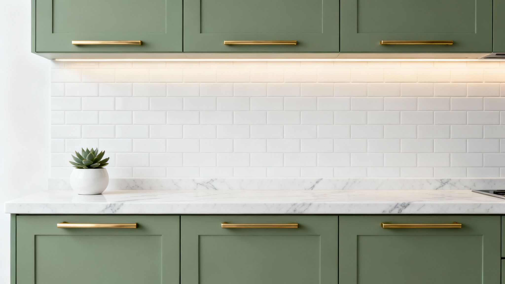 A photorealistic mockup of a modern kitchen with matte sage green cabinets, brushed gold handles, and a white quartz countertop, isolated on a plain white background.