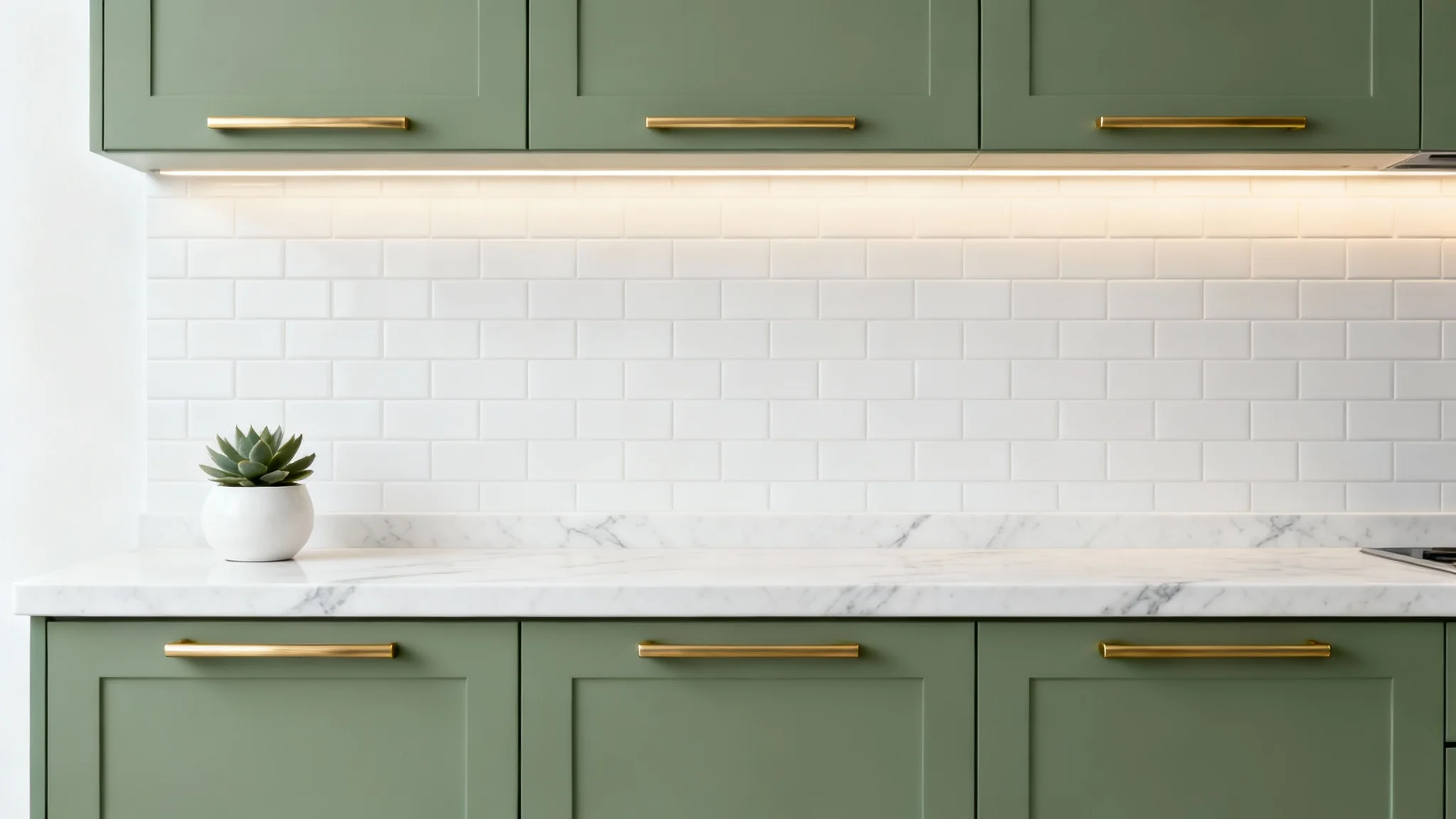 A photorealistic mockup of a modern kitchen with matte sage green cabinets, brushed gold handles, and a white quartz countertop, isolated on a plain white background.