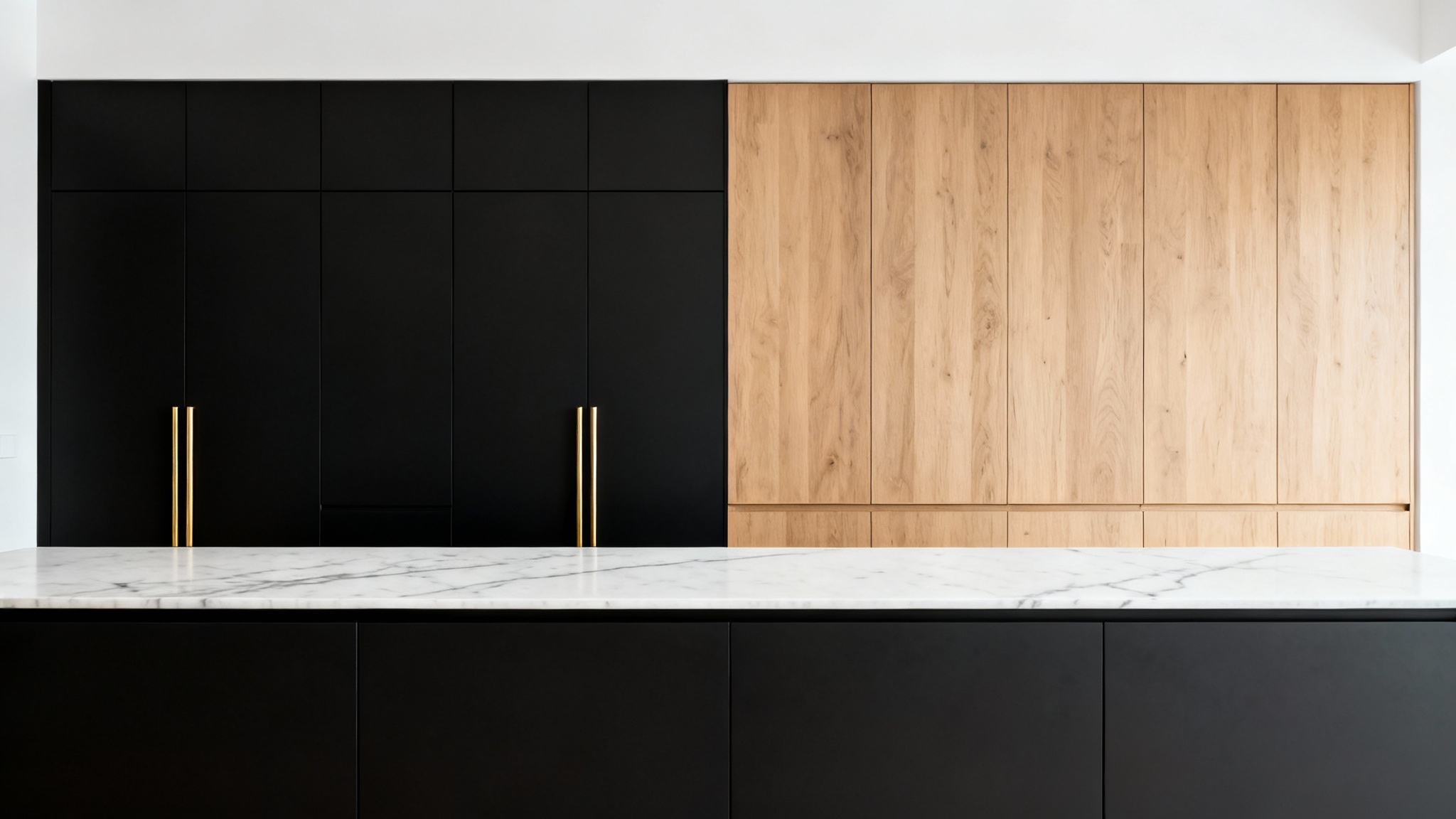 A photorealistic mockup of a kitchen cabinet visualizer, showing a split view of the same modern kitchen with two different cabinet styles: one side with matte black cabinets and the other with natural oak wood cabinets.