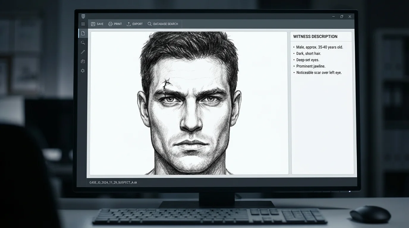 A final, polished digital police sketch of a male suspect's face, displayed on a screen next to the witness's textual description that was used to generate it.