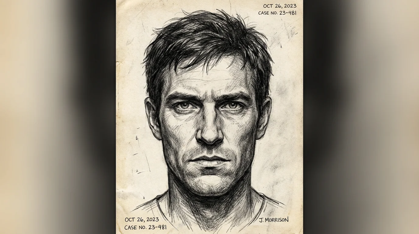 A realistic black and white forensic police sketch of a man's face, meticulously drawn in charcoal and pencil on a plain white background.