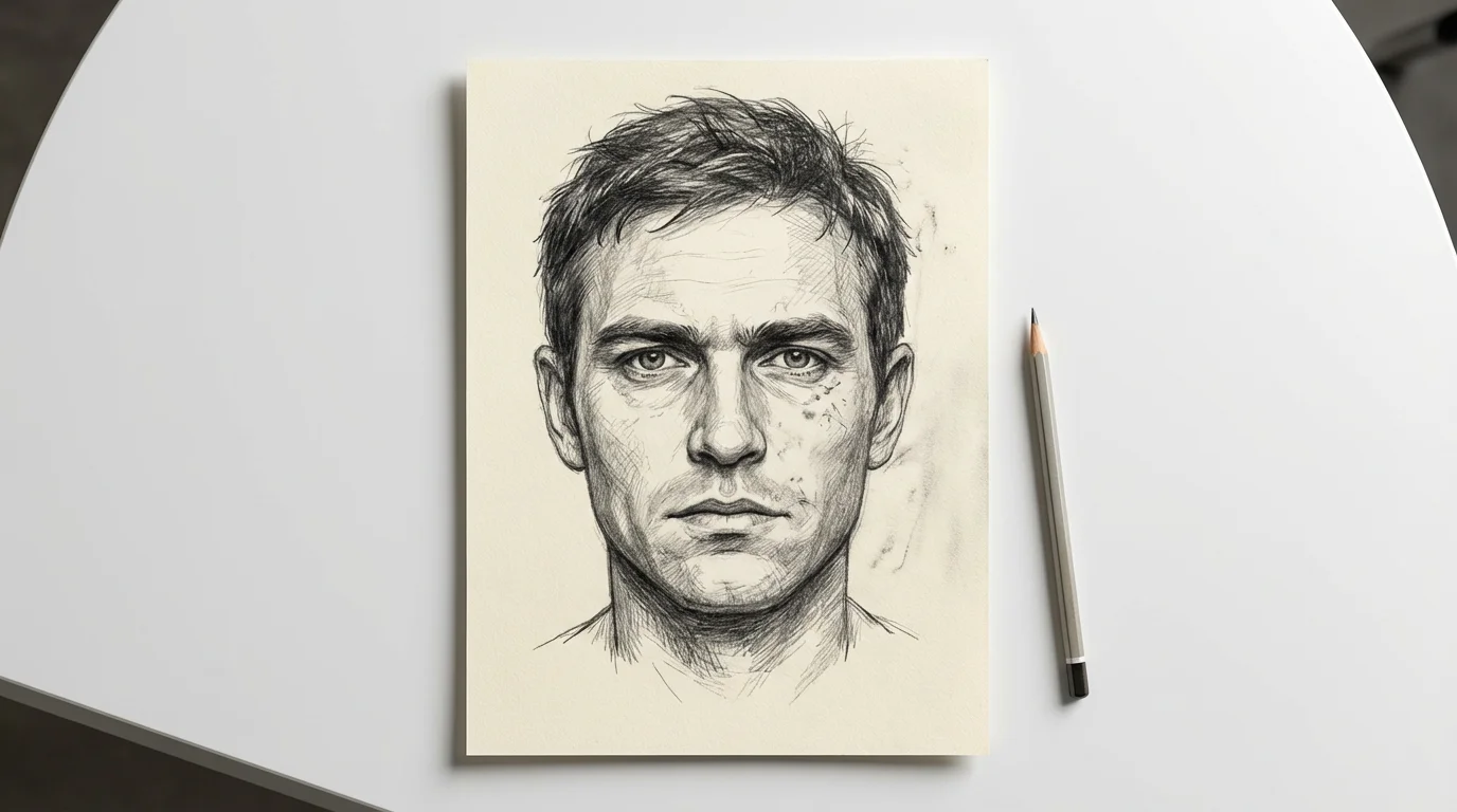 A realistic, hand-drawn police sketch of a man's face, rendered in black and white pencil on a piece of paper. The drawing is set against a plain white background.