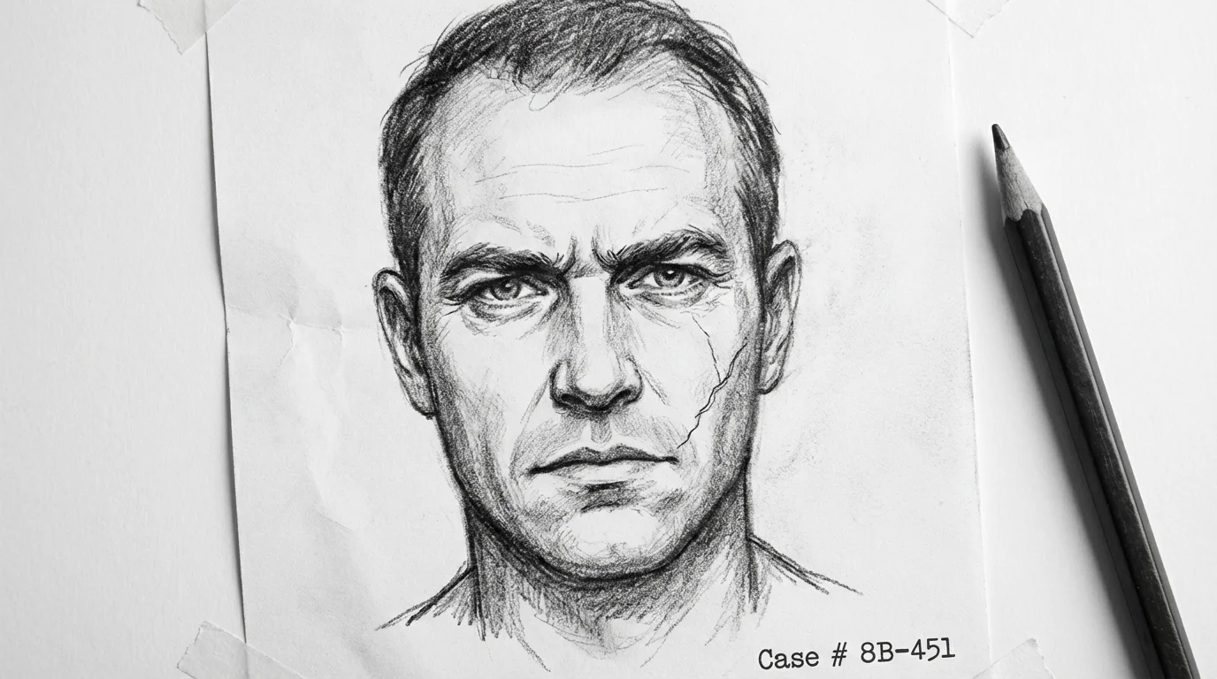 A realistic, black and white police sketch of a man's face on a white background, illustrating a forensic art style mockup.
