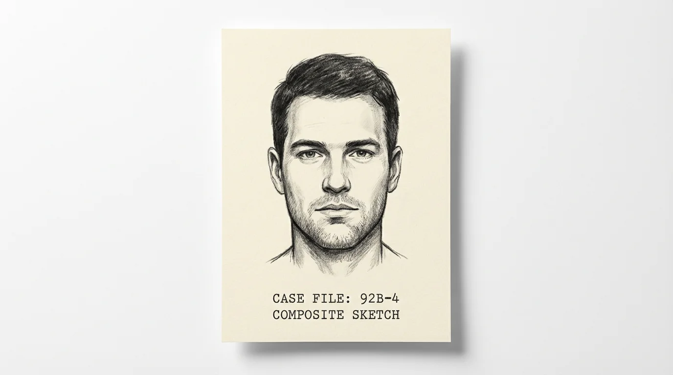 A realistic police sketch of a fictional male suspect's face, drawn in charcoal on a piece of paper. The paper has text at the bottom reading 'CASE FILE: 92B-4' and 'COMPOSITE SKETCH', and is set against a plain white background.