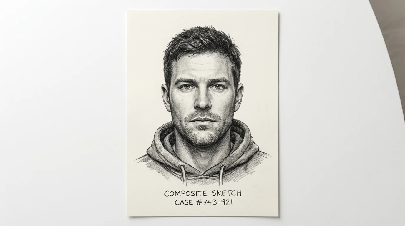 A realistic, hand-drawn police composite sketch of a man's face in charcoal and pencil, displayed against a clean white background as a mockup.