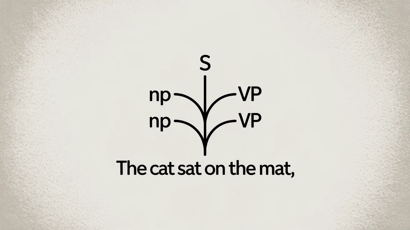 A polished diagram of a parse tree for the sentence 'The cat sat on the mat,' presented on a clean background. The tree shows the sentence's grammatical structure, with nodes like 'S', 'NP', and 'VP' branching down to the individual words.