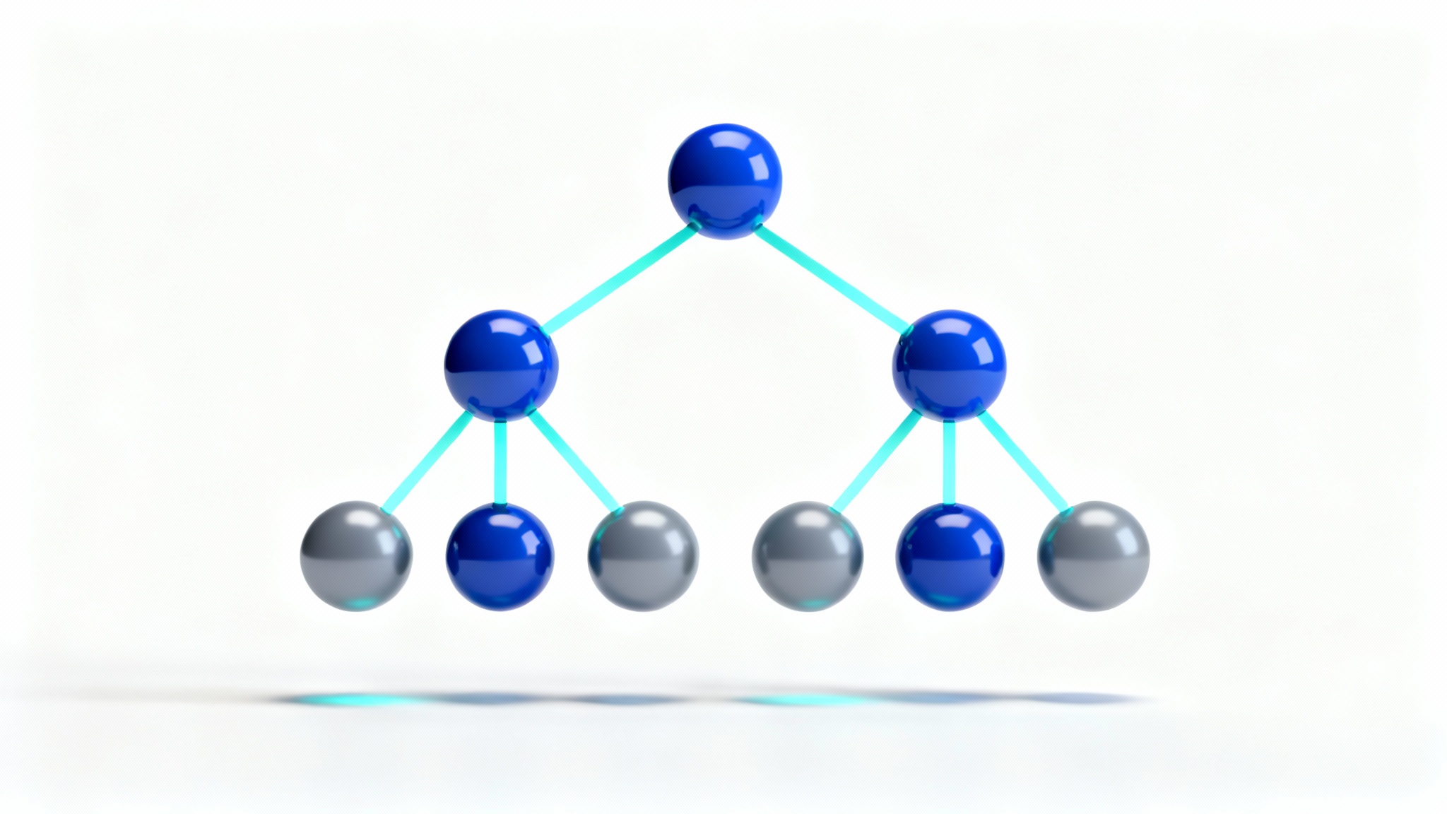 A 3D rendering of an abstract parse tree, showing a hierarchical structure with spheres as nodes and light lines as branches, on a white background.