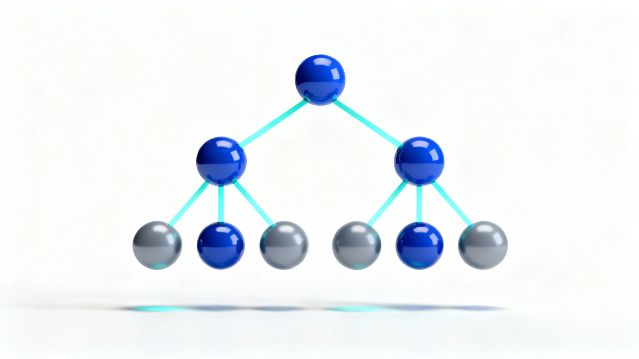 A 3D rendering of an abstract parse tree, showing a hierarchical structure with spheres as nodes and light lines as branches, on a white background.