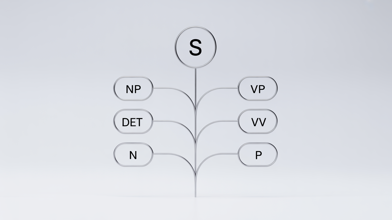 A stylized diagram of a parse tree with a root node labeled 'S' branching into nodes like 'NP', 'VP', 'Det', 'N', 'V', and 'P', representing a hierarchical data structure. The design is modern and uses a blue and gray color palette on a white background.