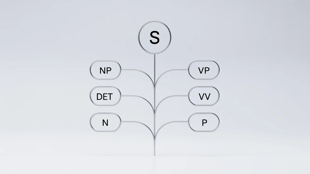 A stylized diagram of a parse tree with a root node labeled 'S' branching into nodes like 'NP', 'VP', 'Det', 'N', 'V', and 'P', representing a hierarchical data structure. The design is modern and uses a blue and gray color palette on a white background.