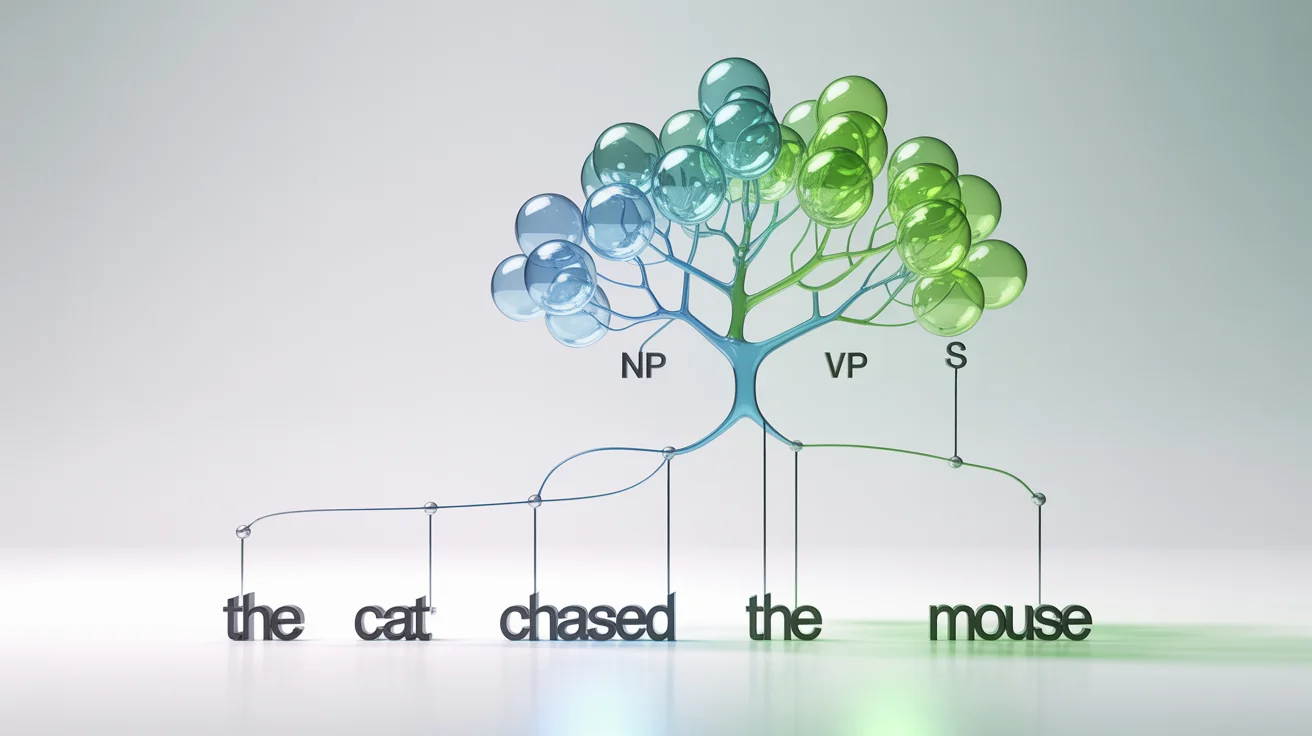 A 3D abstract visualization of a parse tree, representing the grammatical structure of a sentence with glowing nodes and connecting lines on a clean white background.