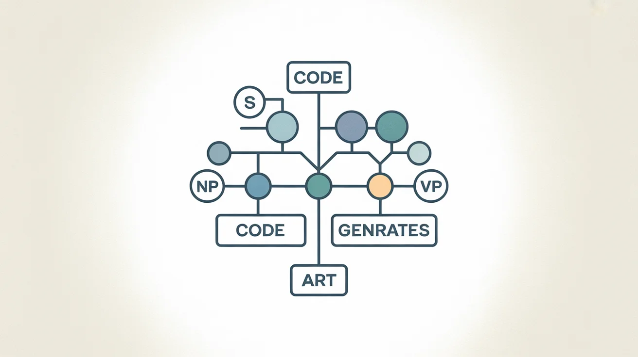 A minimalist diagram of a parse tree showing the grammatical structure of the sentence 'Code generates art', breaking it down into noun and verb phrases.