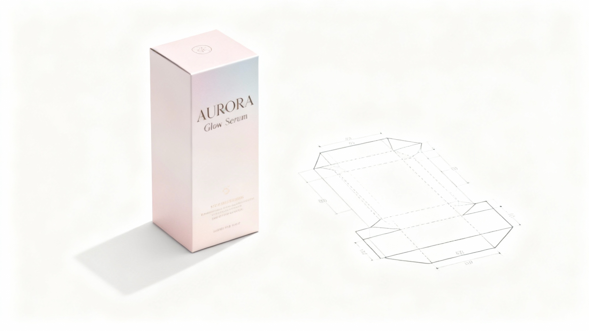 A professional product shot showing a finished luxury skincare box next to its flat, unfolded dieline template on a white background, demonstrating the packaging design process from 2D to 3D.