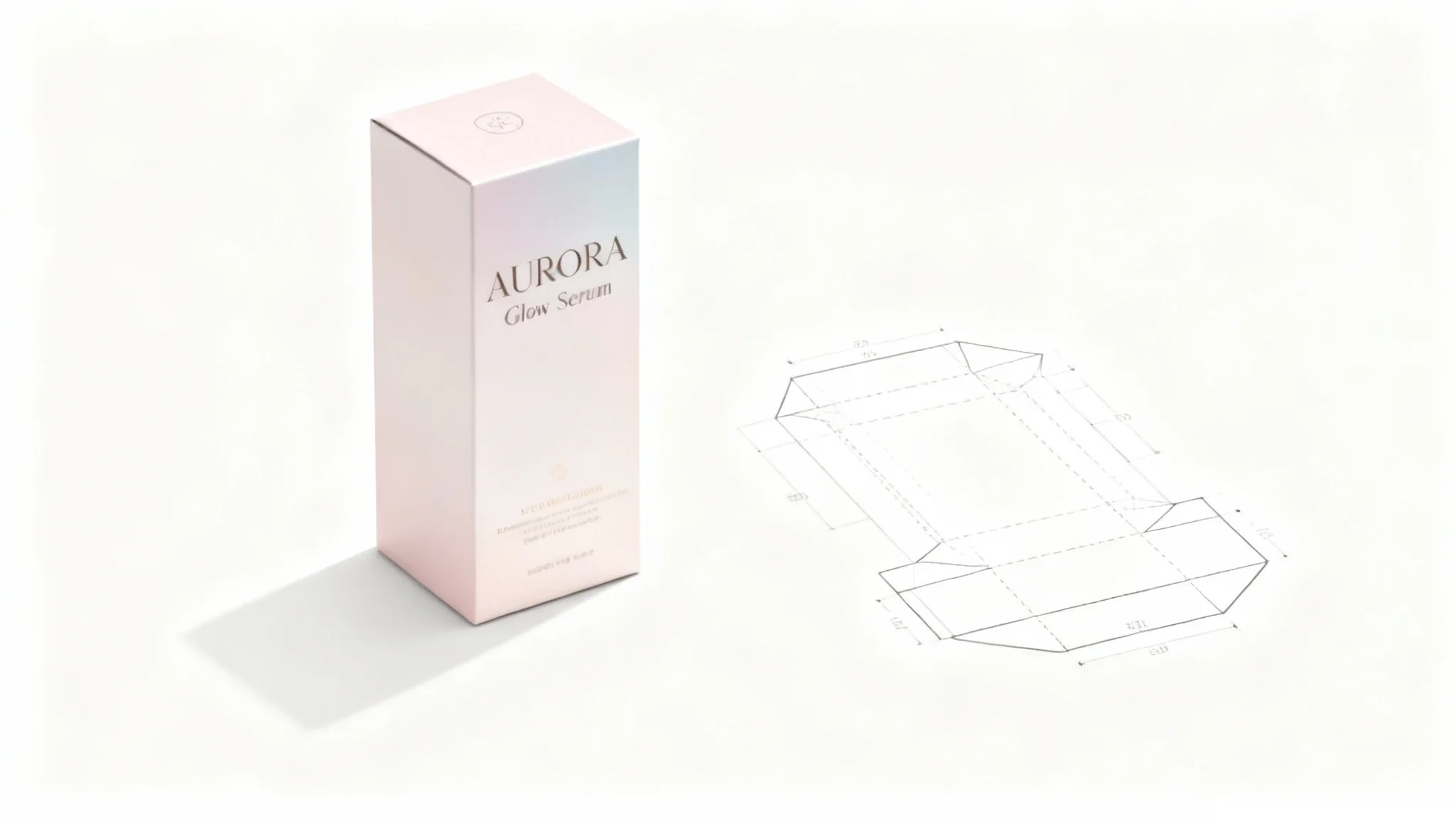 A professional product shot showing a finished luxury skincare box next to its flat, unfolded dieline template on a white background, demonstrating the packaging design process from 2D to 3D.