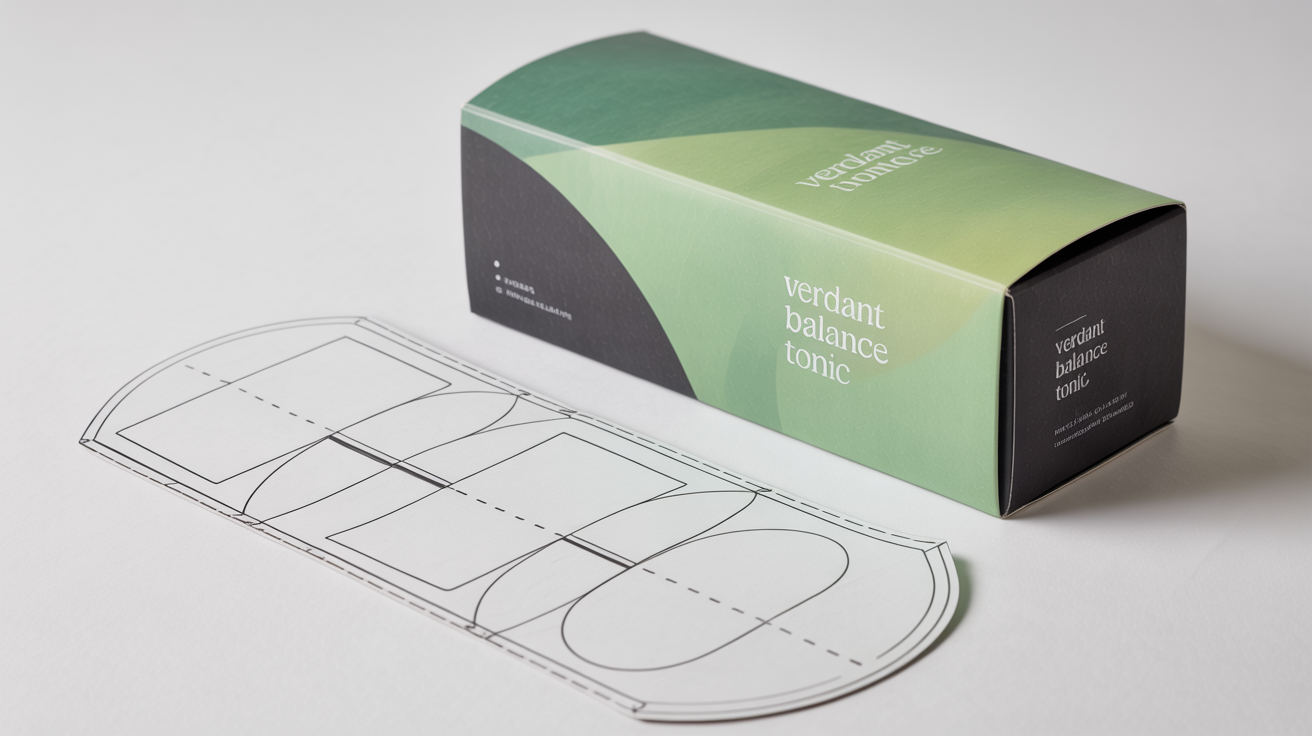 A folded product box labeled 'VERDANT Balance Tonic' placed beside its corresponding flat, unfolded dieline template on a clean white background, demonstrating the box design process.